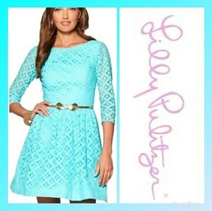 Blue 3/4 Sleeve Lace Eyelet Dress